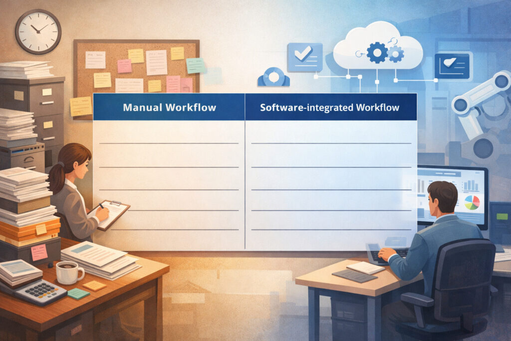 Manual workflow vs software-integrated workflow (comparison table)
