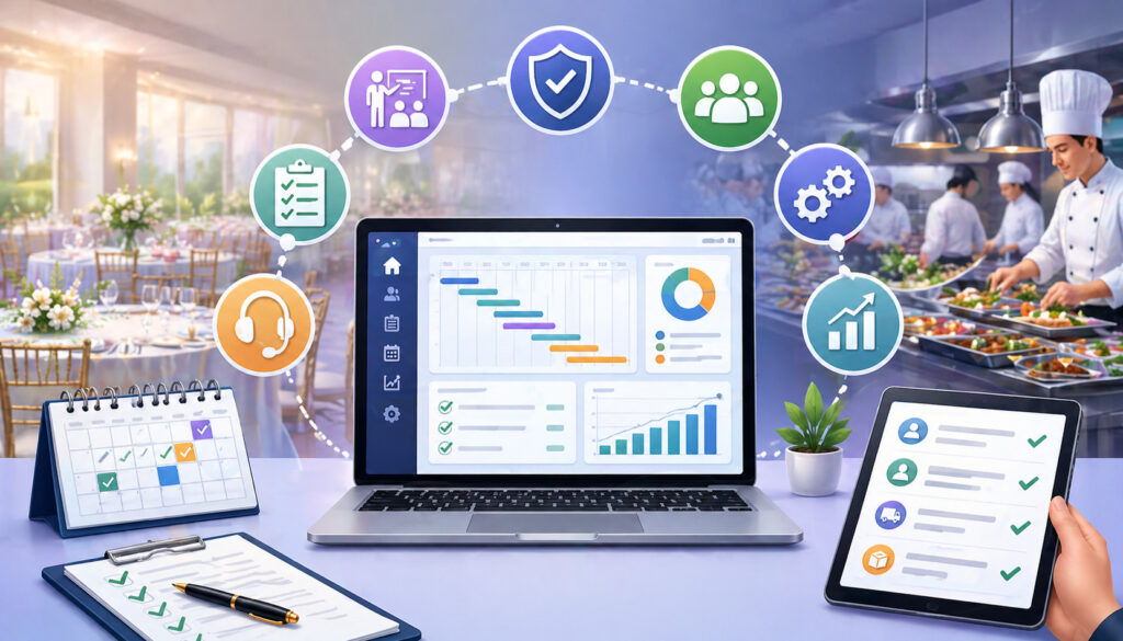 Illustration of catering management software implementation showing scheduling, team coordination, analytics dashboard, and seamless restaurant and kitchen operations integration