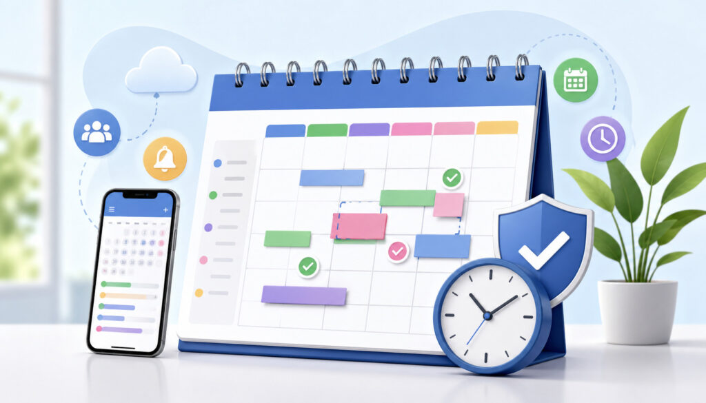 Modern 3D illustration of a digital calendar with scheduled events, smartphone planner, clock, and productivity icons symbolizing conflict-free scheduling and time management
