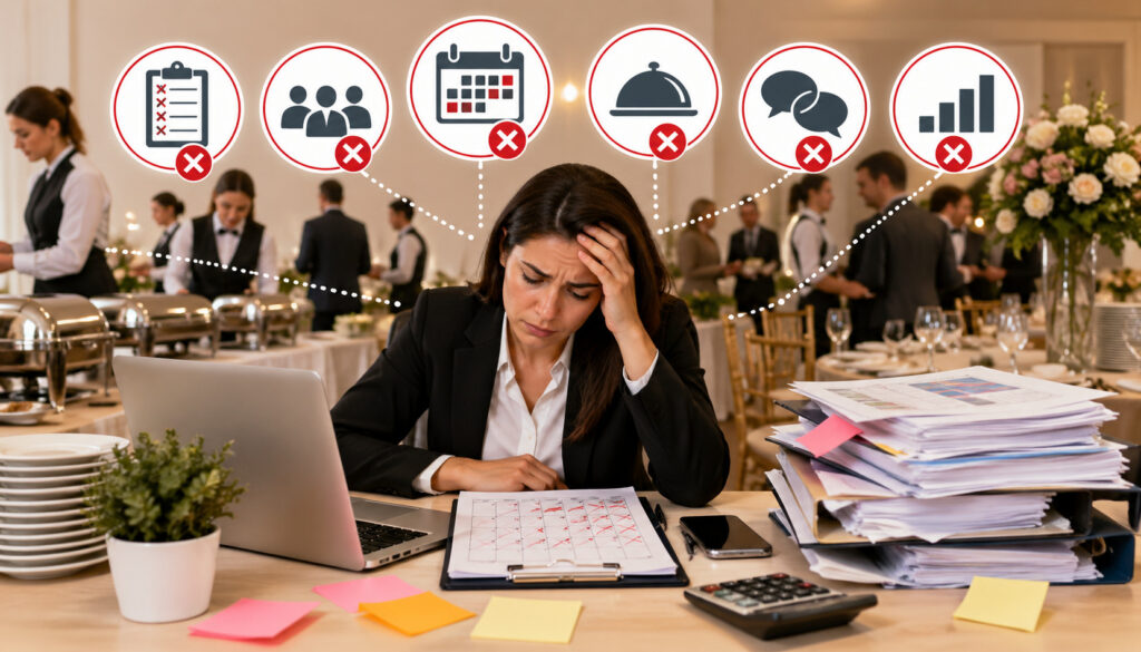 Stressed catering manager reviewing event schedule with multiple booking conflicts while banquet service continues in background with staff and guests