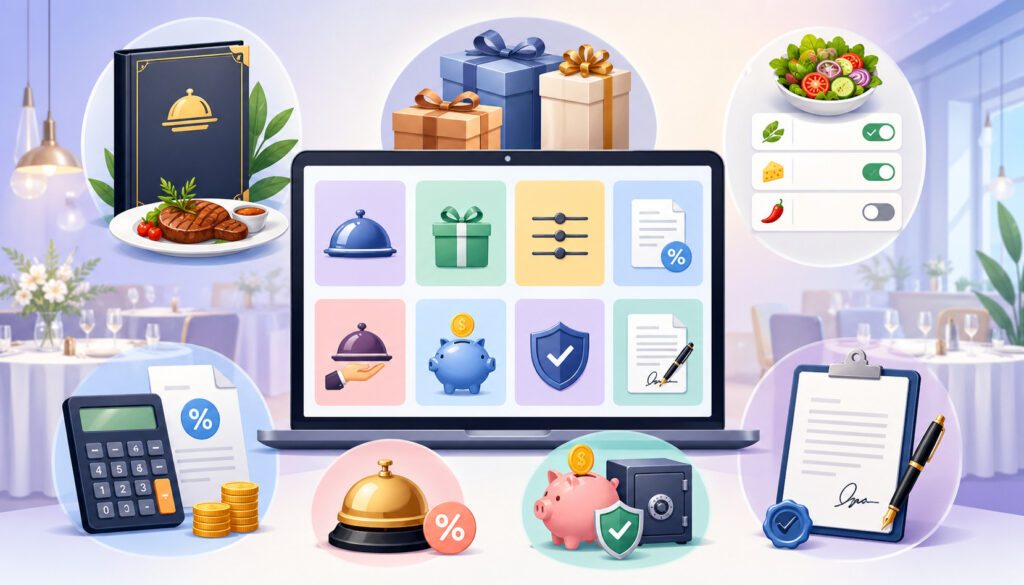 Illustration of restaurant management dashboard showing menus, packages, modifiers, taxes, service fees, deposits, and contract configuration with icons and digital interface