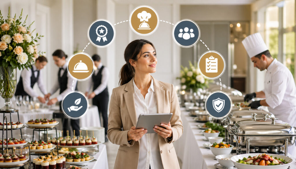 Professional catering manager using tablet in elegant banquet setup with buffet service, staff coordination, and feature icons representing catering business operations