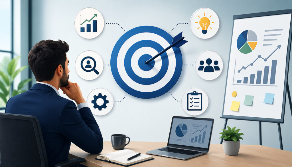 Business professional analyzing strategic goals with target icon, growth charts, and planning elements in a modern office setting