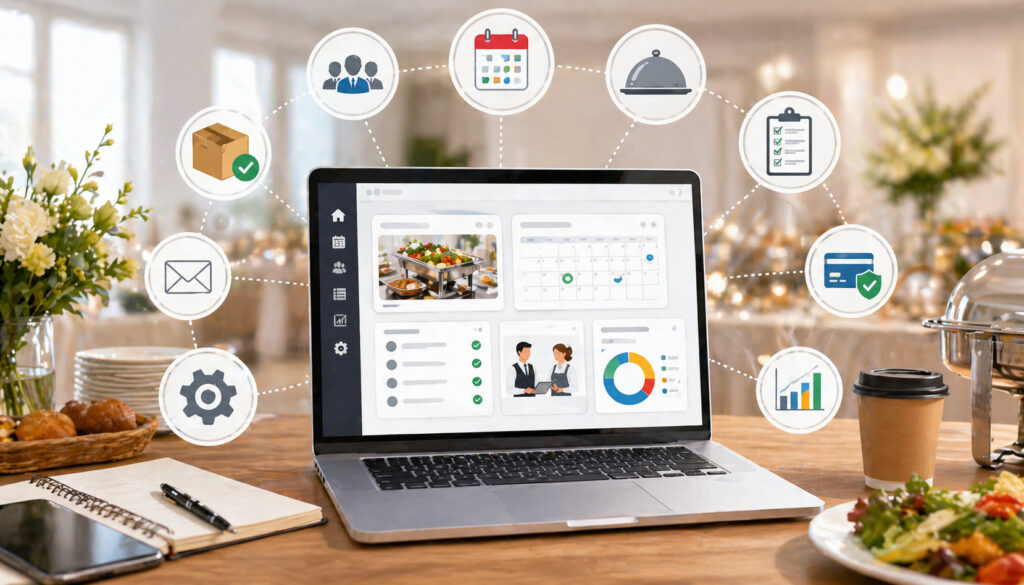 Laptop displaying catering management software dashboard with food service icons, checklist elements, and event planning tools in a professional catering setup background