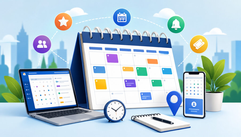 Digital event booking and calendar management illustration with desktop calendar, laptop, smartphone, scheduling icons, and reminders in a modern workspace setting