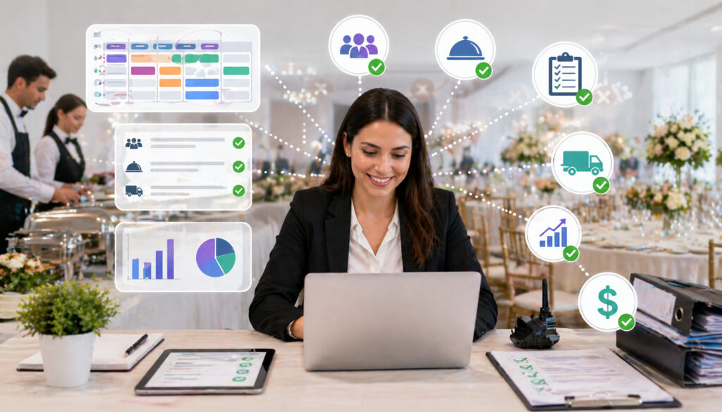 Catering manager using event management software to coordinate multiple events with scheduling, logistics, and performance tracking icons in a banquet setting