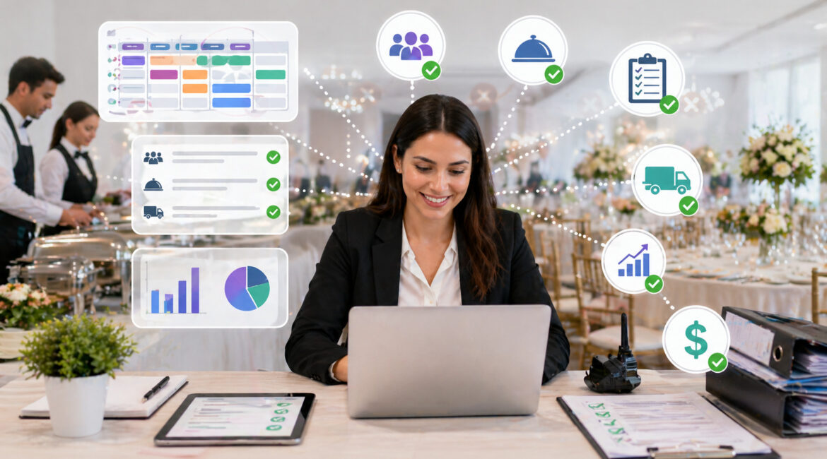 Catering manager using event management software to coordinate multiple events with scheduling, logistics, and performance tracking icons in a banquet setting