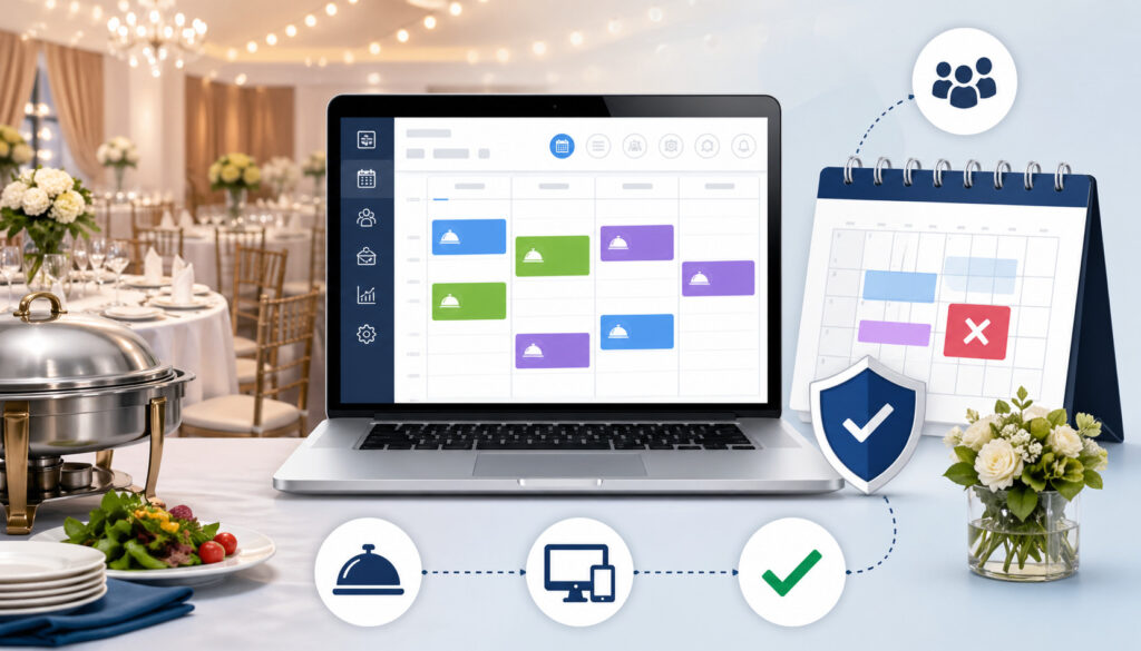 Catering management software dashboard with event calendar preventing double booking in banquet setting