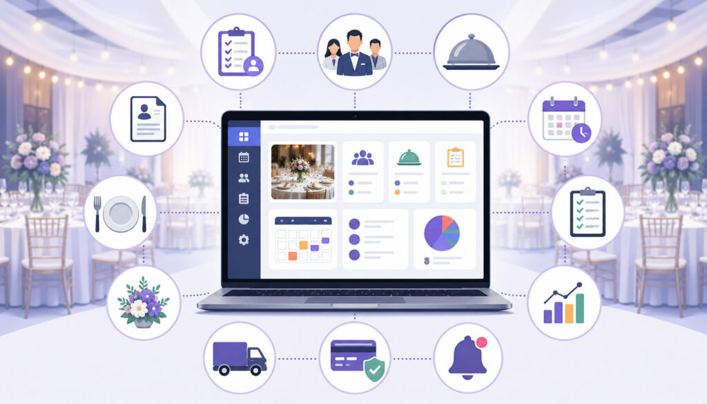Multi-event catering software dashboard showing multiple events organized in a centralized digital interface, with calendars, task lists, menus, and logistics icons connected across a modern catering workflow system
