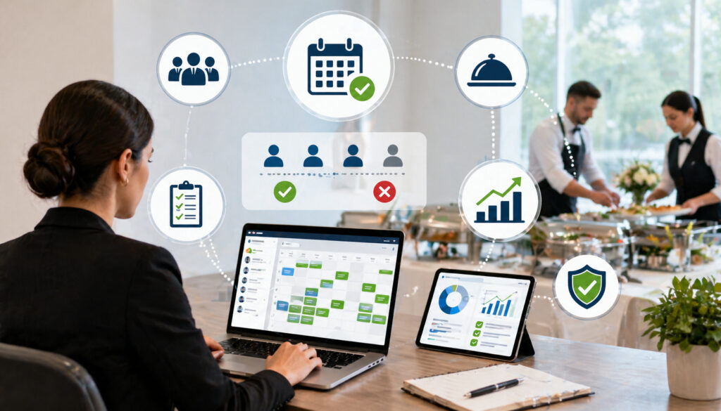 Catering manager using scheduling software to manage event bookings with calendar interface, while staff prepare buffet setup in the background, illustrating prevention of overbooking in catering operations