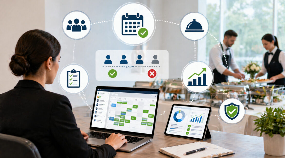 Catering manager using scheduling software to manage event bookings with calendar interface, while staff prepare buffet setup in the background, illustrating prevention of overbooking in catering operations