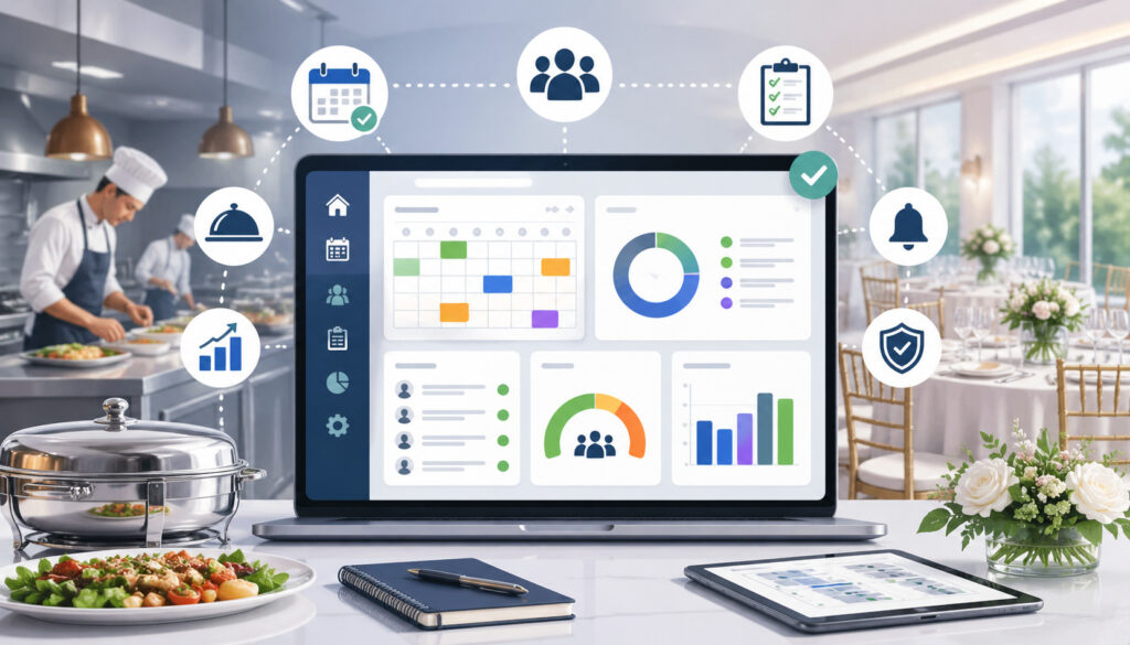 Catering management software dashboard with scheduling calendar, event planning icons, and banquet setup background showing organized catering operations