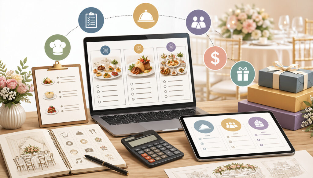 Menu planning and pricing workspace with laptop displaying customizable catering packages, calculator, tablet, and event planning tools on a decorated table background
