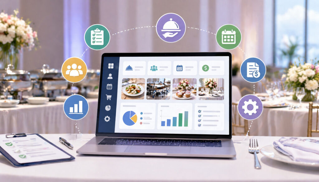Modern illustration of event catering software dashboard on laptop with food service setup, planning icons, and banquet background representing catering management features