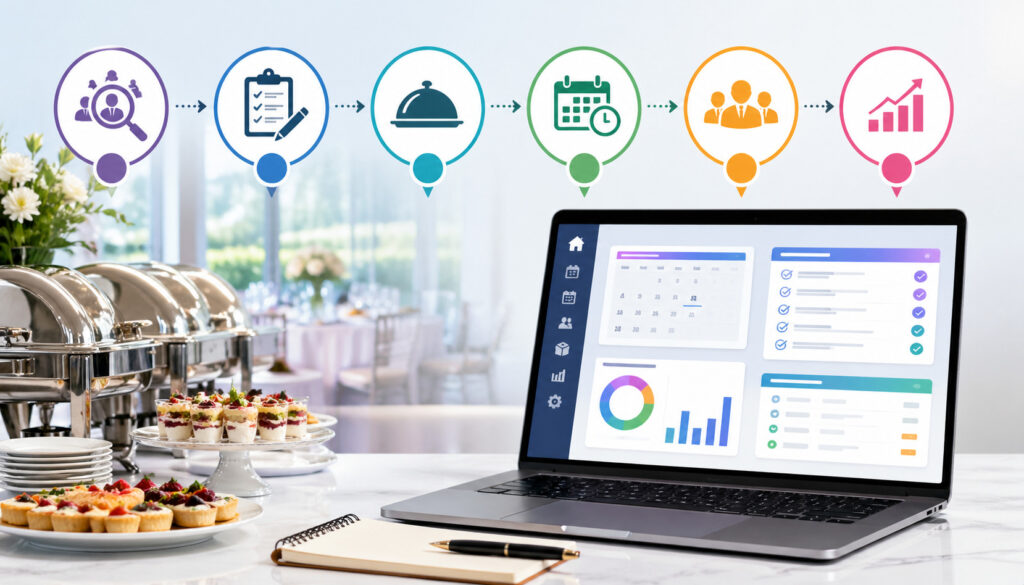 Catering software implementation workflow with event planning dashboard, buffet setup, and process icons showing scheduling, menu management, and business growth