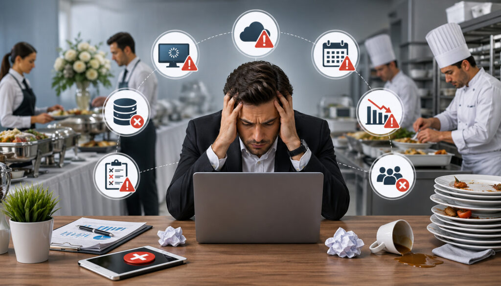 Overwhelmed catering manager struggling with software issues while busy kitchen staff work in background with warning icons representing scheduling, data, and operational problems