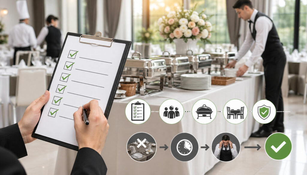 Checklist-driven catering setup with staff arranging buffet tables and service equipment for a smooth, error-free event