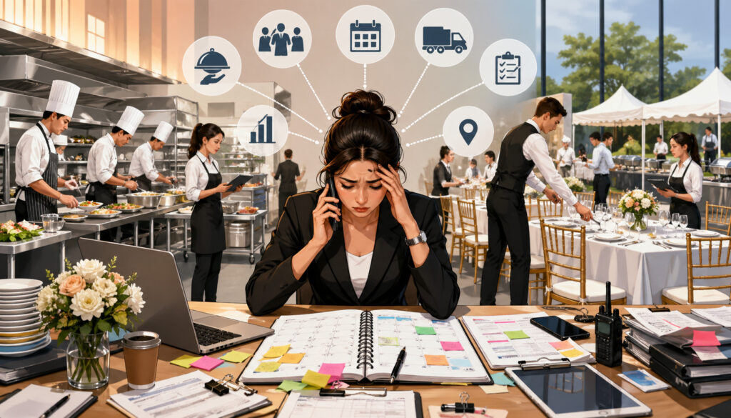 Overwhelmed event planner managing multiple catering events with busy kitchen staff, table setup, and logistics icons in a chaotic event environment
