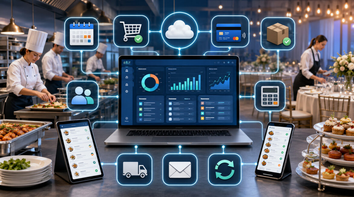 Catering software dashboard connecting orders, payments, delivery, and customer systems