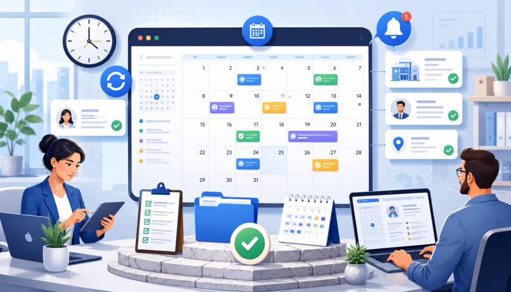 Organized digital booking calendar with scheduling tools and confirmation icons