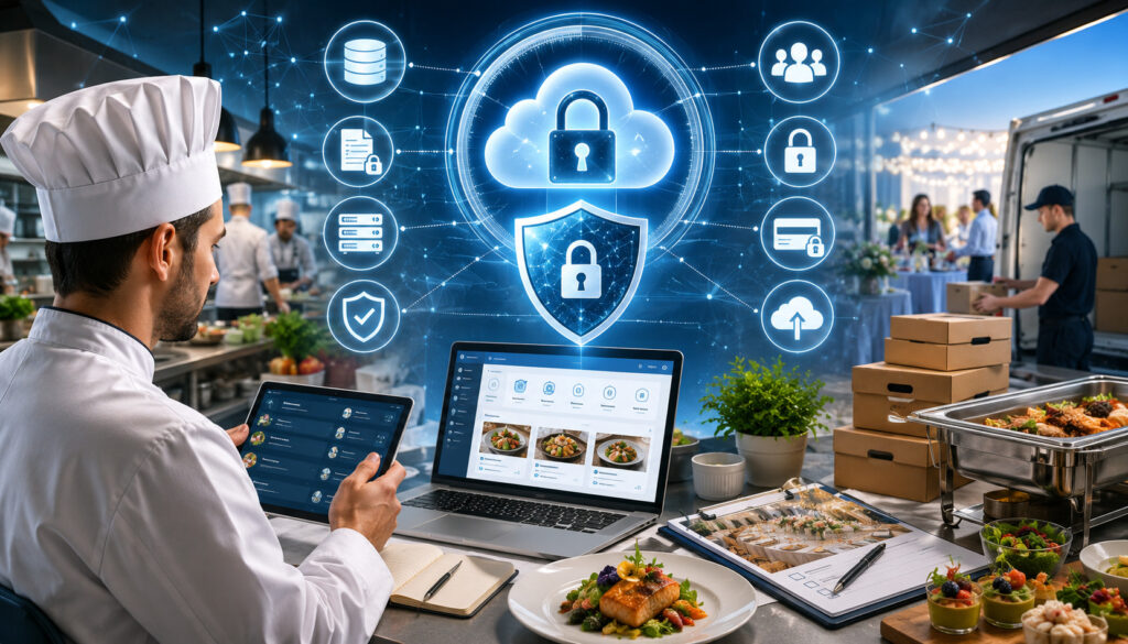 Chef using secure cloud catering software with data protection icons
