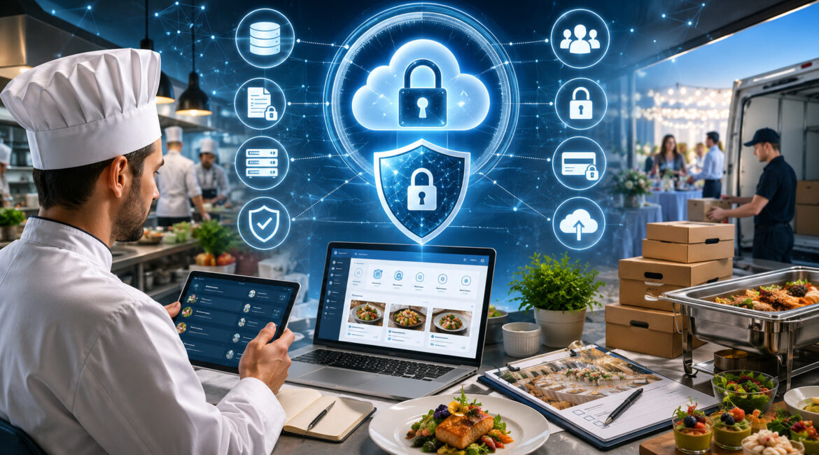 Chef using secure cloud catering software with data protection icons