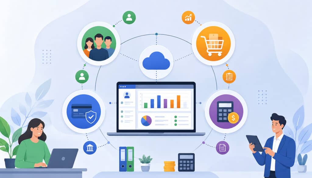 Customer, sales, payment, and accounting systems connected through a cloud platform