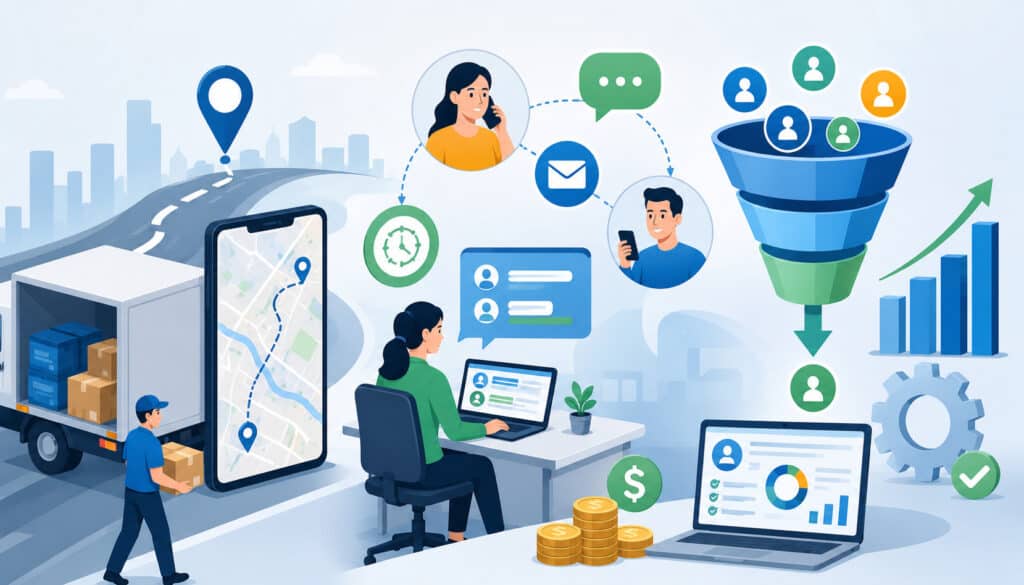 Catering delivery, customer communication, and sales pipeline management illustration
