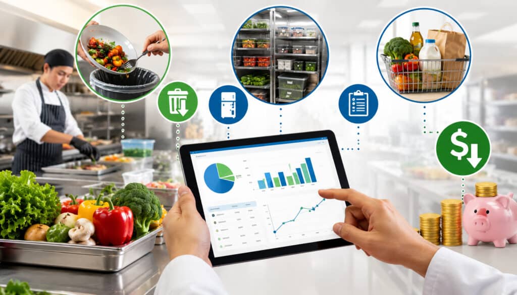 Food cost, waste reduction, inventory, and purchasing savings in a commercial kitchen