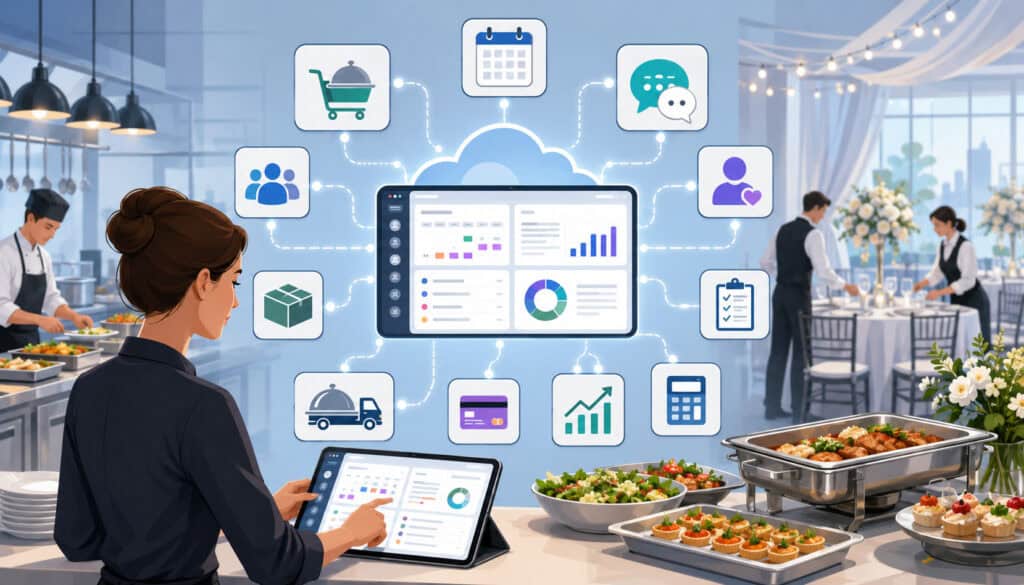 Catering software dashboard connecting business tools through API integrations