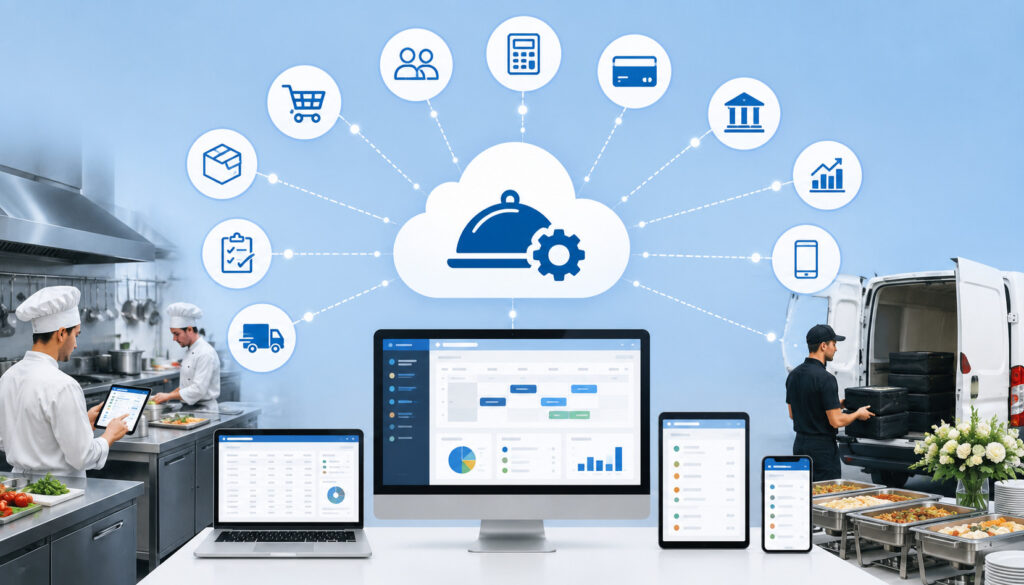 Cloud catering platform connecting kitchen, payment, delivery, and reporting tools