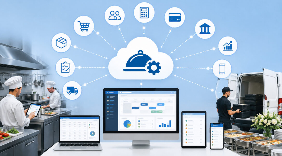 Cloud catering platform connecting kitchen, payment, delivery, and reporting tools