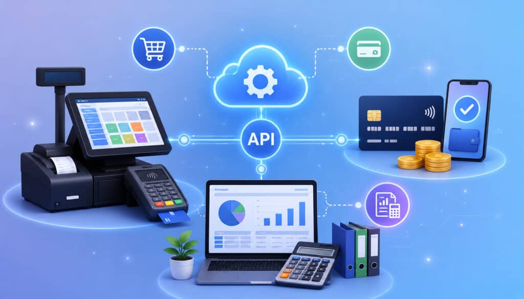 POS, payment, and accounting systems connected through API integrations