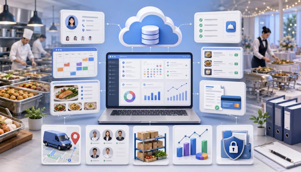 Cloud catering dashboard displaying customer, order, inventory, payment, and delivery data