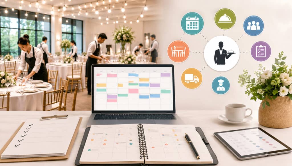 Catering team using digital scheduling tools to coordinate an event