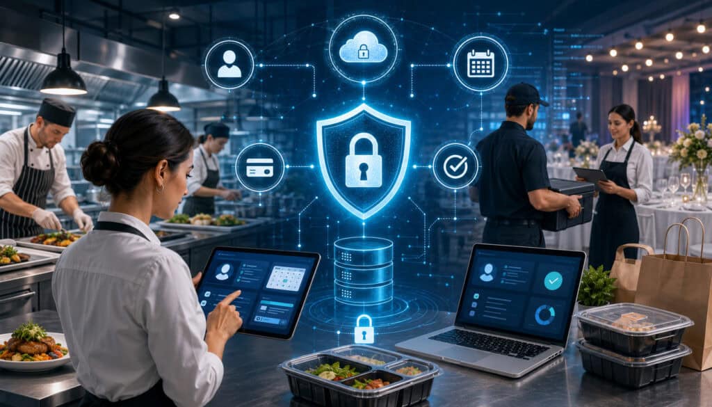 Catering data protection with secure cloud and digital lock icons
