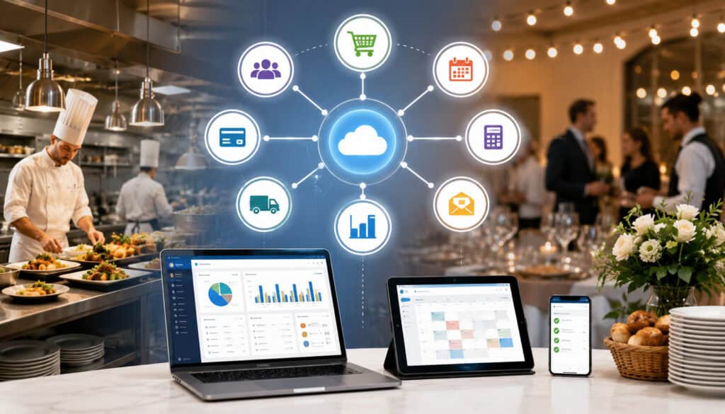 Cloud catering software integrations connecting kitchen, payments, scheduling, and delivery operations