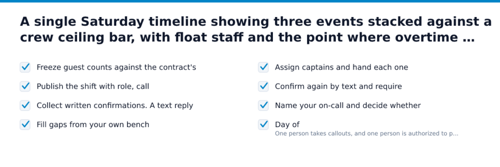 A single Saturday timeline showing three events stacked against a crew ceiling bar, with float staff and the point where overtime premium kicks in. Items: Freeze guest counts against the contract's, Publish the shift wi…