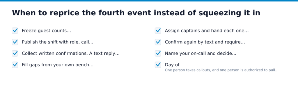 When to reprice the fourth event instead of squeezing it in. Items: Freeze guest counts…, Publish the shift with role, call…, Collect written confirmations. A text reply…, Fill gaps from your own bench…, Assign…
