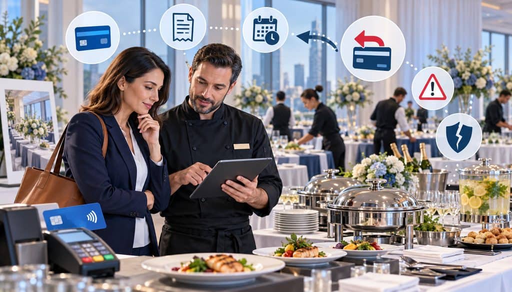 Caterer reviewing prepaid event payment and chargeback risk with client